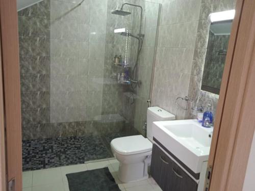 a bathroom with a shower and a toilet and a sink at Villa Sounine Rafraf in Bizerte