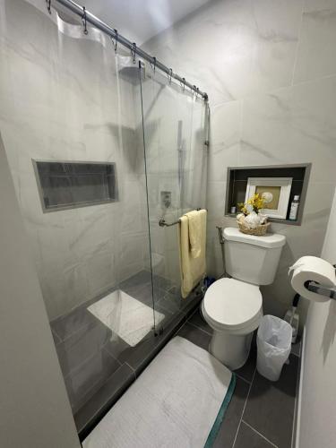 a bathroom with a shower and a white toilet at Olive Studio Apart Unit 2 By Pmi in West Palm Beach
