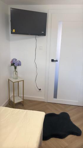 a room with a television on a wall next to a door at Apartament u Moni in Krajno Pierwsze