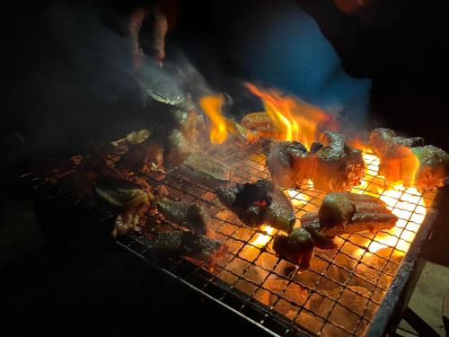 哈伯勒内Habarana Tree House - Ivory cottage的烤架上放着一大堆食物