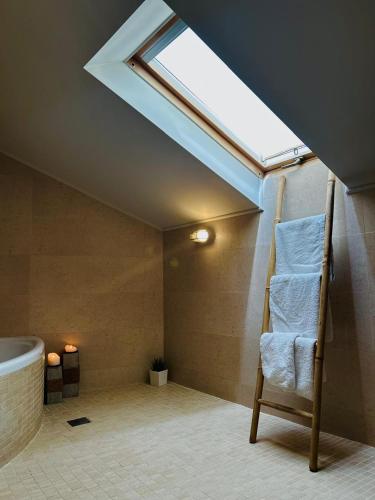 a bathroom with a skylight and a ladder with towels at Hagiati Anastasiou Hotel & Spa in Naousa Imathias