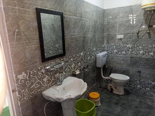 a bathroom with a toilet and a sink and a mirror at Hotel Gokul International Bhadarwah in Doda