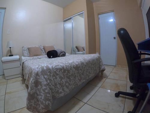 a black cat laying on a bed in a bedroom at Wifi, Workspace , Perfect Location & Parking in Ponce