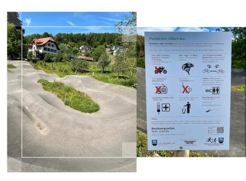 two pictures of a road with a sign next to it at Sacasa in Langenbruck