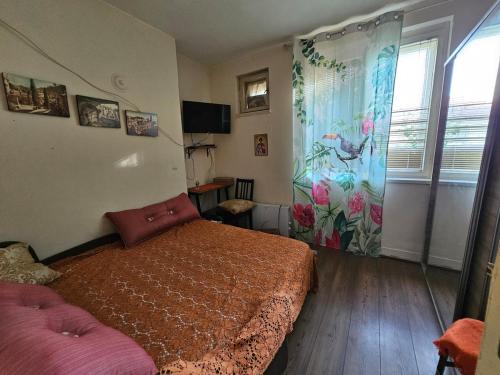 a bedroom with a bed and a curtain with flowers at Marina Bar in Bar