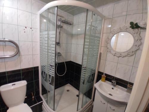 a bathroom with a shower and a toilet and a sink at Flowery apartment in Jūrmala