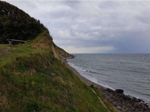 a grassy hill next to a body of water at 3 person holiday home in Ærøskøbing in Ærøskøbing