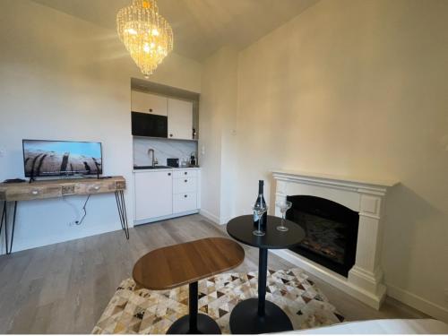 ein Wohnzimmer mit Tisch und Kamin in der Unterkunft Le 117 au Château de Trédion in Trédion