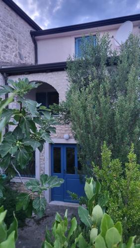 a house with a blue door in a garden at Apartment Greta in Funtana
