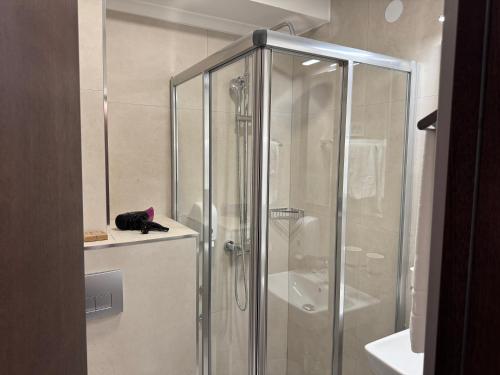 eine Dusche mit Glastür im Badezimmer in der Unterkunft Hotel Kopaonik Lukovska Banja in Lukovo