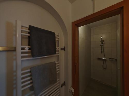 a bathroom with a shower and a towel hanging on a wall at Großberghof in Taxenbach