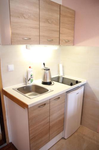 a small kitchen with a sink and a stove at Lilian Apartments in Budva