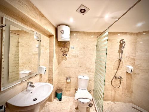a bathroom with a shower and a toilet and a sink at Flower Pyramids INN in Cairo