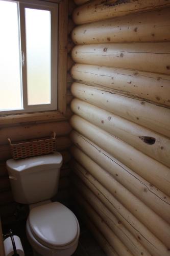 a bathroom with a toilet in a wooden wall at Sevier River Ranch & Cattle Company in Hatch