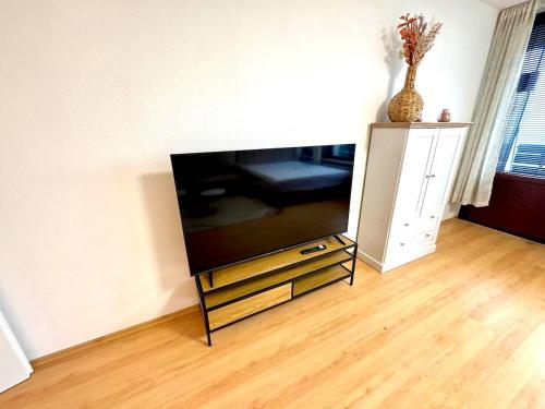 a flat screen tv sitting on a stand in a living room at NaturTraum Kniebis in Freudenstadt