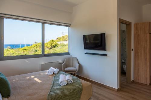 a room with a bed and a tv and a window at AK-Green Villa near Athens Airport in Vravrona