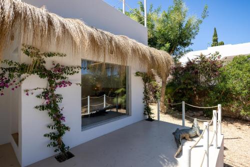 a building with a large window and a cat sitting on a patio at Villa Clara Ibiza in Santa Eularia des Riu