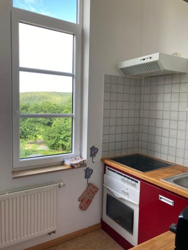 a kitchen with a window and a stove top oven at Auberge Tabarz Breitenberg in Tabarz