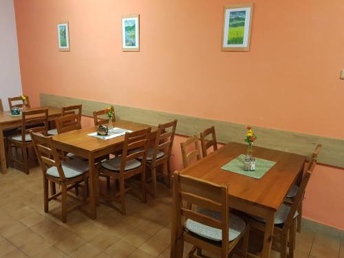 a dining room with wooden tables and chairs at Penzion Hanka Orličky in Orličky