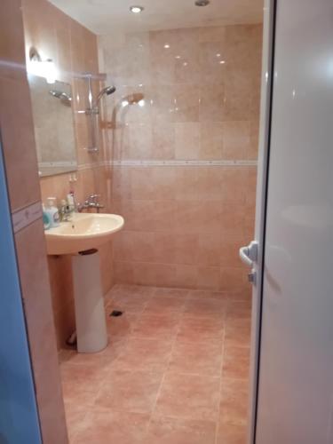 une salle de bain avec un lavabo et une douche dans l'établissement Leronta apart, à Varna