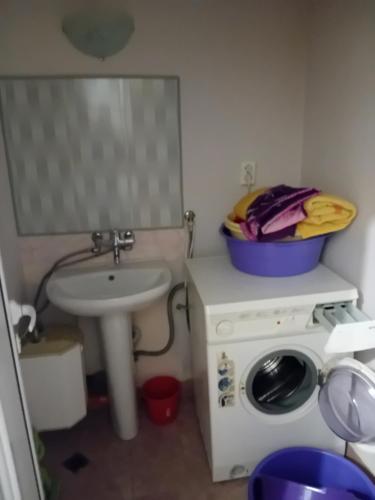 La petite salle de bains est pourvue d'un lavabo et d'un lave-linge. dans l'établissement Leronta apart, à Varna