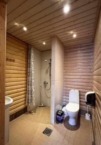 a bathroom with a toilet and a shower at Motelli Rovaniemi in Rovaniemi
