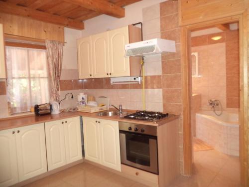 uma cozinha com um fogão, uma pia e uma banheira em Kinga House em Keszthely