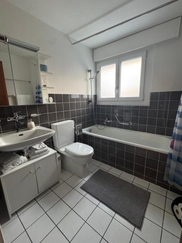 a bathroom with a sink and a toilet and a bath tub at 3 Zimmer-Ferienwohnung in der Rüti in Herisau