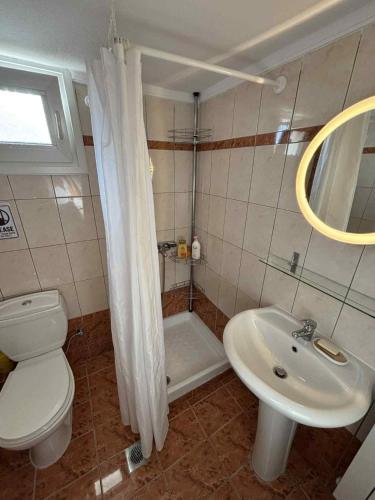 une salle de bain avec toilettes, lavabo et douche dans l'établissement Villa Dina, à Paralia Dionisiou