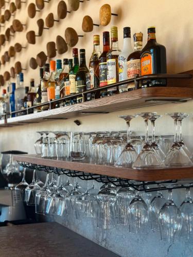 a bar with many glasses and bottles of alcohol at Honeyguide Conservation Lodge in Golders Green