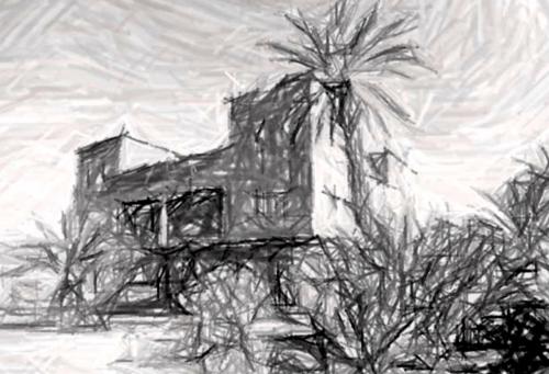 a drawing of a house with a palm tree at Hotel Carrefour des Nomades in Mhamid