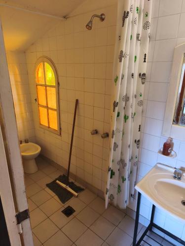a bathroom with a shower and a toilet and a sink at Cabañas Akumali in Nono