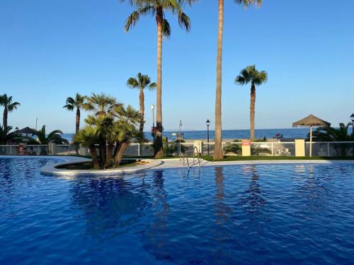 een zwembad met palmbomen en de oceaan bij Brisamarina Playa Apartamento in Roquetas de Mar