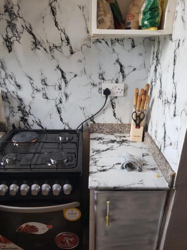 una cocina con estufa y encimera en othman homes, en Arusha