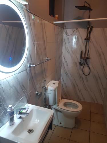 Un baño con inodoro, lavabo y espejo. en othman homes, en Arusha