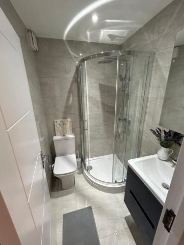a bathroom with a shower and a toilet and a sink at Modern Rooms - Walk to Kings Cross - Central in London