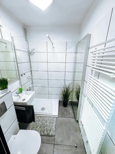 a white bathroom with a toilet and a sink at FeWo Markert in Burgtiefe auf Fehmarn 