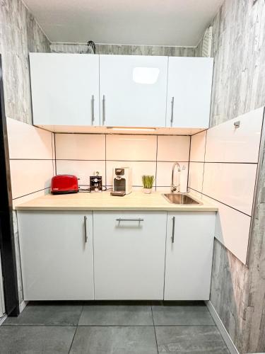 a kitchen with white cabinets and a sink at FeWo Markert in Burgtiefe auf Fehmarn 