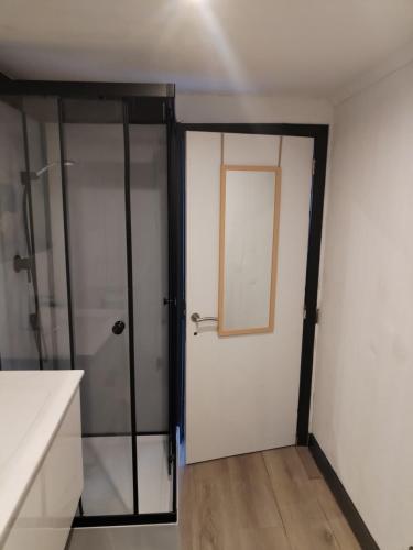 a bathroom with a shower and a glass door at Duplexe cosy Gosselies proche aéroport in Charleroi