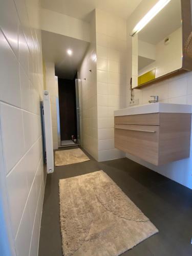 a bathroom with a sink and a mirror at Spacious & cosy apartment center in Ghent