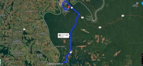 a map of a road with a blue trail at Curiango Bird Camp in Puerto Iguazú