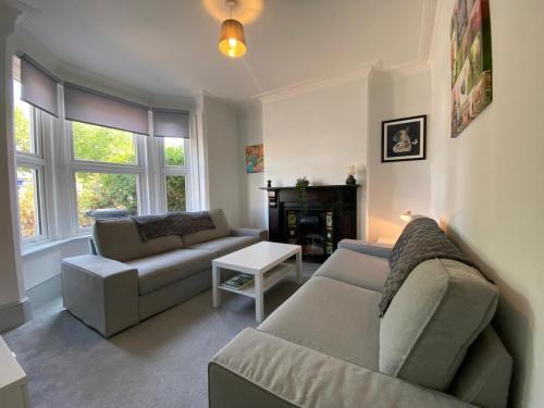 a living room with two couches and a table at Three Bedroom Home Close to central Cambridge in Chesterton