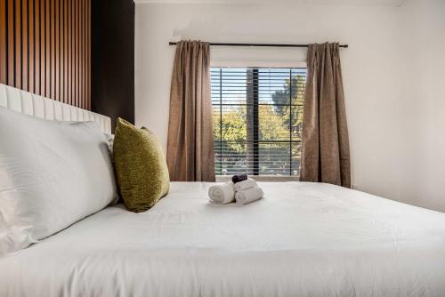 a teddy bear sitting on a bed with a window at Boulevard Stays Quiet Modern 2BR Pickleball Pool Parking Gym 05 in Chandler
