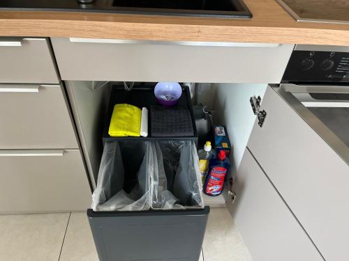 a kitchen cabinet with a trash can under a counter at Relax-Bollendorf in Bollendorf