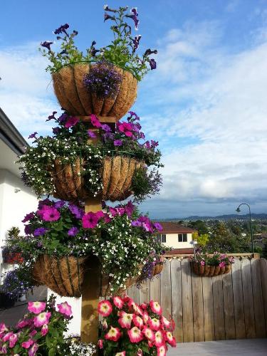 two baskets filled with flowers on a fence at Lush & Co Auckland Bed & Breakfast in Auckland