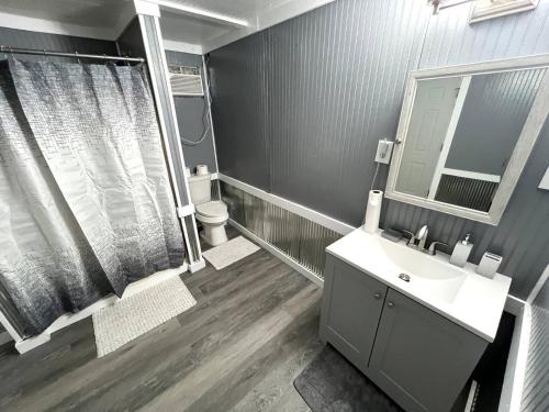 a bathroom with a sink and a mirror at Stargaze at Crater Diamonds AR in Murfreesboro