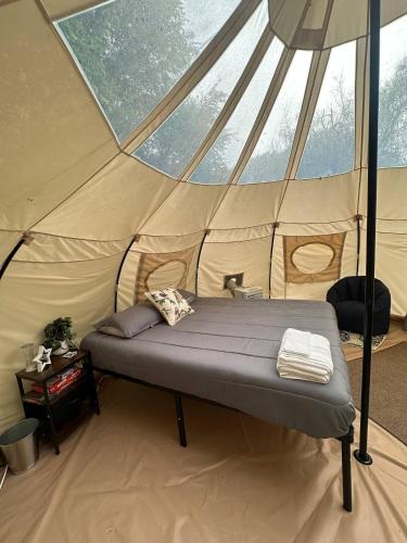 a bed in a tent with a window at Stargaze at Crater Diamonds AR in Murfreesboro