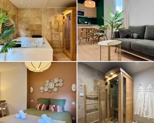 Un collage de fotos de una sala de estar y una cocina. en La Suite Balinaise, en Quimper