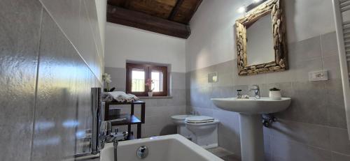 a bathroom with a sink and a toilet and a mirror at Le Coppare GuestHouse in Tazzo