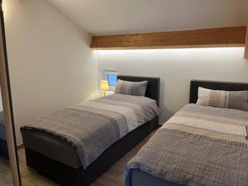 ein Schlafzimmer mit zwei Betten und einem Spiegel in der Unterkunft Ferienwohnung Wohlmann in Dillingen an der Donau